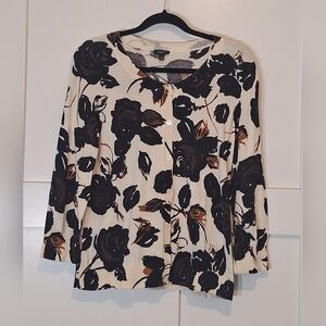 Talbots Cardigan Sweater Button Front Cotton Rayon Cream Black Floral Print Larg
